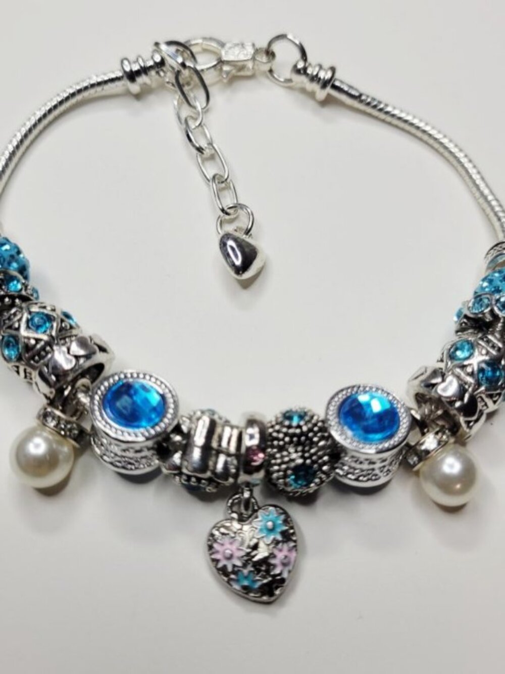 Pandora Style Silver Color Charm Bracelet Pastel Heart Dangle Rhinestones XL